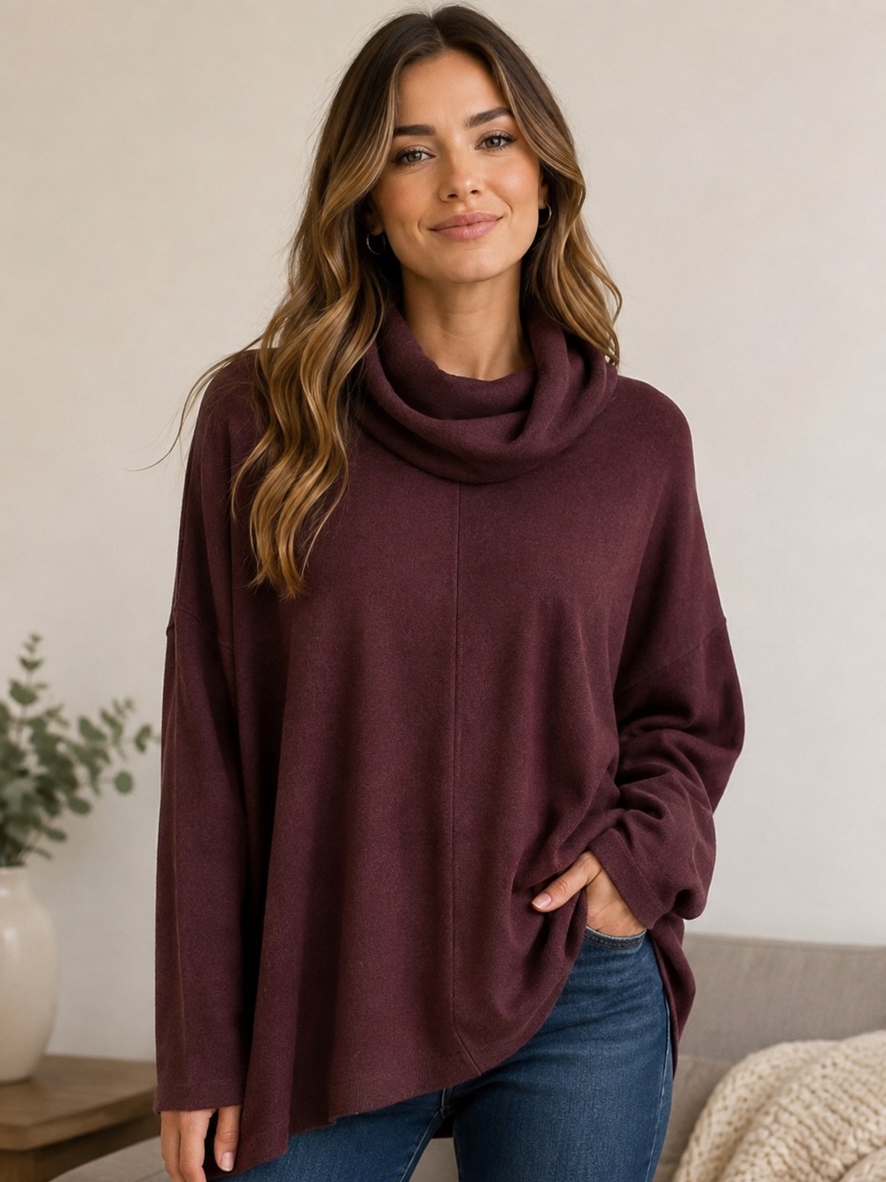 Women's Cowl Neck Sweater - Burgundy
